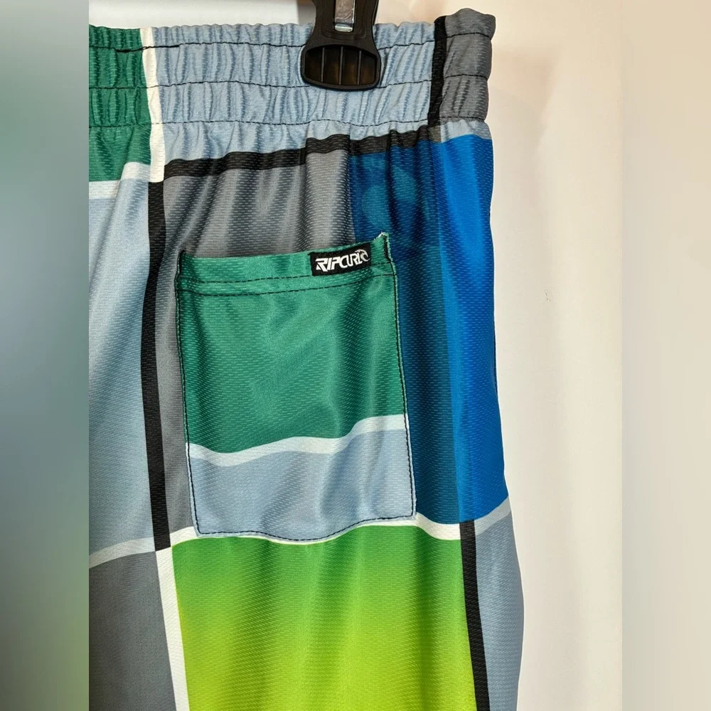 Rip Curl Boardshorts Mens Medium NWT Blue Green Plaid Swim Trunks Elastic Waist